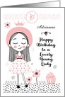Happy Birthday to Lovely Young Lady Cute Girl and Flowers Custom Name card