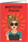 Happy Birthday Custom Name Hashtag, Pop Girl and Peace Sign card