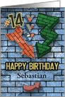 Happy 14th Birthday Custom Name Bold Graphic Brick Wall and Arrows card