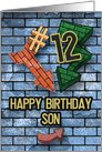 Happy 12th Birthday to Son Bold Graphic Brick Wall and Arrows card