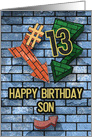 Happy 13th Birthday to Son Bold Graphic Brick Wall and Arrows card