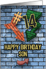 Happy 14th Birthday to Son Bold Graphic Brick Wall and Arrows card