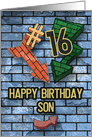 Happy 16th Birthday to Son Bold Graphic Brick Wall and Arrows card