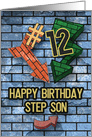 Happy 12th Birthday to Step Son Bold Graphic Brick Wall and Arrows card