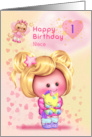 Niece Happy 1st Birthday Adorable Girl and Cat Fairy card