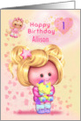 Little Girl Happy 1st Birthday Custom Name Adorable Girl and Cat Fairy card