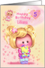 Little Girl Happy 5th Birthday Custom Name Adorable Girl and Cat Fairy card