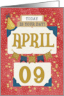 April 9th Birthday Date Specific Happy Birthday Party Hat and Stars card