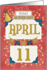 April 11th Birthday Date Specific Happy Birthday Party Hat and Stars card