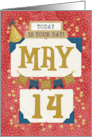 May 14th Birthday Date Specific Happy Birthday Party Hat and Stars card