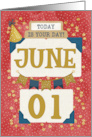 June 1st Birthday Date Specific Happy Birthday Party Hat and Stars card