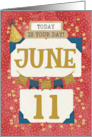 June 11th Birthday Date Specific Happy Birthday Party Hat and Stars card