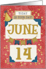 June 14th Birthday Date Specific Happy Birthday Party Hat and Stars card