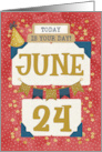 June 24th Birthday Date Specific Happy Birthday Party Hat and Stars card