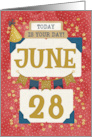 June 28th Birthday Date Specific Happy Birthday Party Hat and Stars card