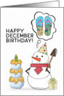December Birthday Snowman Thinking Birthday Wish of Summer Vacation card