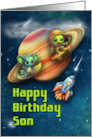 Son 7th Birthday Funny Aliens Skateboarding in Space card