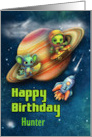 Hunter 3rd Birthday Custom Name Funny Aliens Skateboarding in Space card