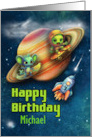 Michael 4th Birthday Custom Name Funny Aliens Skateboarding in Space card