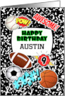Austin 9th Birthday Custom Name Notebook Sports Comic Stickers card