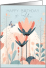 For Anyone Birthday Beautiful Stylized Flowers in Teal and Peach card