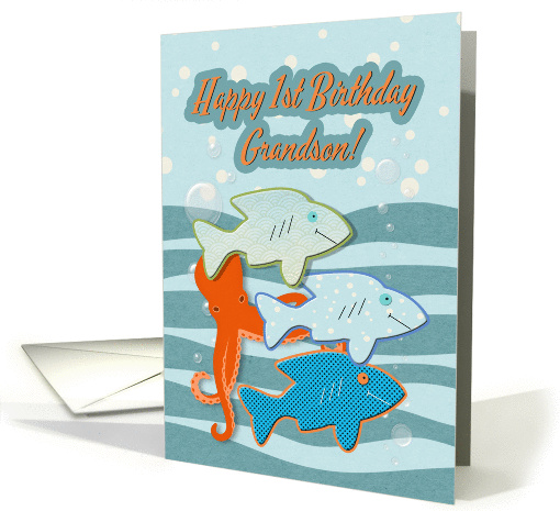 Happy 1st Birthday Grandson Sharks and Octopus in the Ocean card