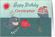 Happy Birthday Name Specific Customizable Cute Whale & Fish with Boat card