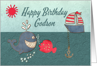 Happy Birthday Godson Cute Whale and Fish with Boat Nautical Theme card