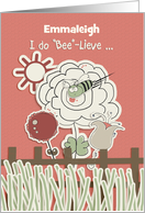 Happy Birthday Custom Name Doodled Flowers & Bee Scrapbook Look card