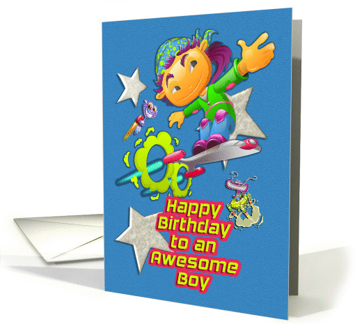 Happy Birthday for Boy Skateboarder, Stars, and Aliens Futuristic card