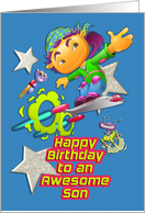 Happy Birthday for Awesome Son Skateboarder, Stars, Aliens Futuristic card