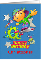 Happy Birthday Custom Name Skateboarder, Stars, Aliens for Boy Child card