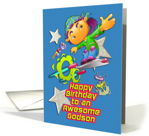 Happy Birthday Godson Skateboarder, Stars, Aliens for Boy Child card
