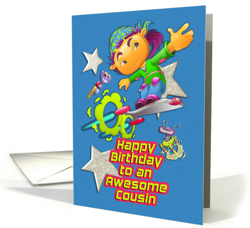 Happy Birthday Cousin Skateboarder, Stars, Aliens for Boy Child card