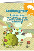 Happy Birthday Goddaughter Girly Cute 3 Eye Monster with Rainbow card