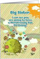 Happy Birthday Big Sister Girly Cute 3 Eye Monster with Rainbow card
