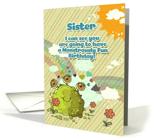 Happy Birthday Sister Girly Cute 3 Eye Monster with Rainbow card