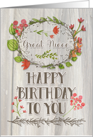 Happy Birthday Great Niece Watercolor Floral Wreath Rustic Wood Effect card