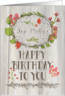 Happy Birthday Step Mother Watercolor Floral Wreath Rustic Wood Effect card