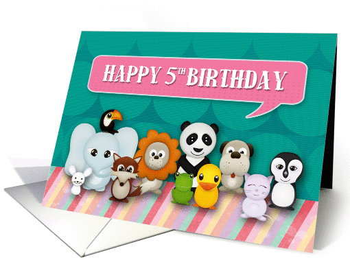 Happy 5th Birthday Girly Cute Smiling Animals with... (1404358)