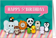 Happy 5th Birthday Girly Cute Smiling Animals with Circles & Stripes card