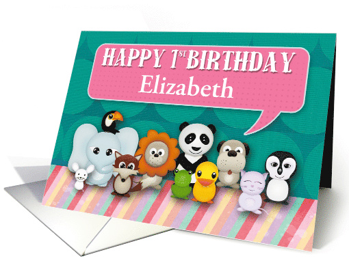 Happy 1st Birthday Custom Name Cute Smiling Animals card (1404372)