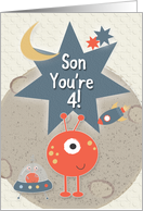 Happy 4th Birthday for Son You’re 4 Outer Space Aliens and Stars card