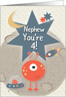 Happy 4th Birthday for Nephew You’re 4 Outer Space Aliens and Stars card