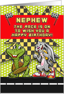 Happy Birthday to Nephew Race Themed Rabbit and Turtle card