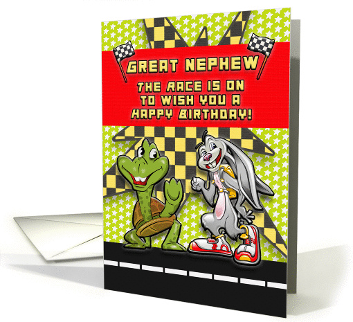 Happy Birthday to Great Nephew Race Themed Rabbit and Turtle card