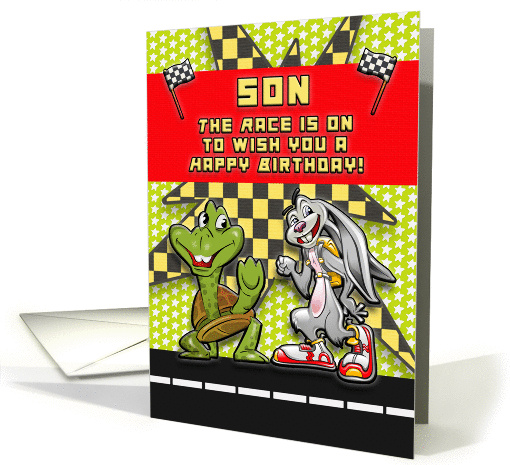 Happy Birthday to Son Race Themed Rabbit and Turtle card (1422870)