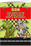 Happy Birthday to Son Race Themed Rabbit and Turtle card