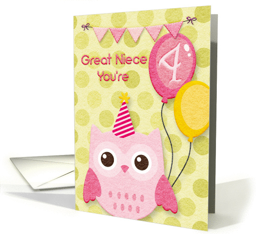 Happy Birthday 4th Birthday Great Niece Cute Owl & Balloons card