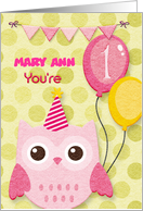 Happy Birthday 1st Birthday Custom Name Cute Owl & Balloons card